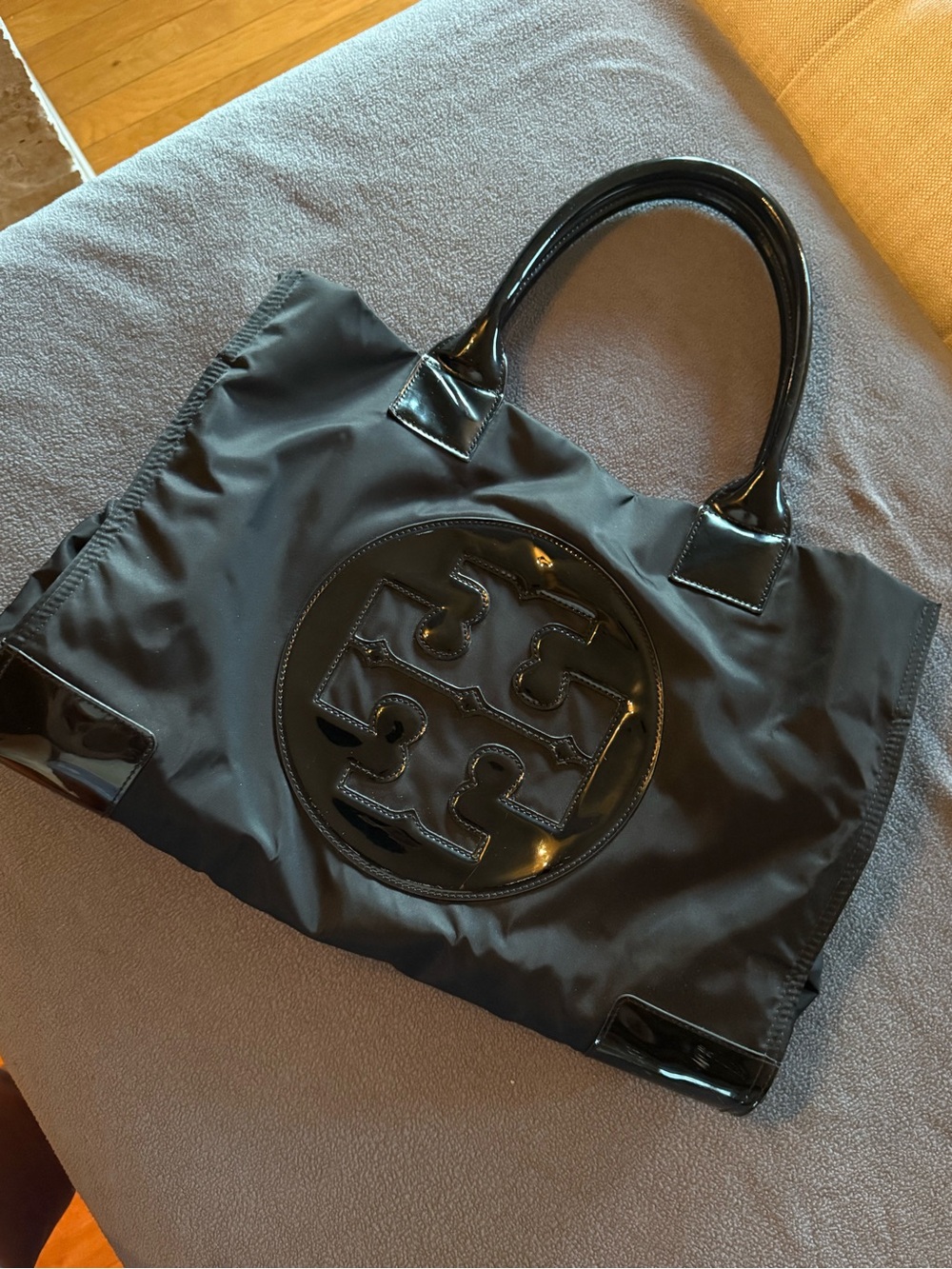 Tory Burch Ella Nylon Tote Bag Black Patent Logo Large Shoulder Bag